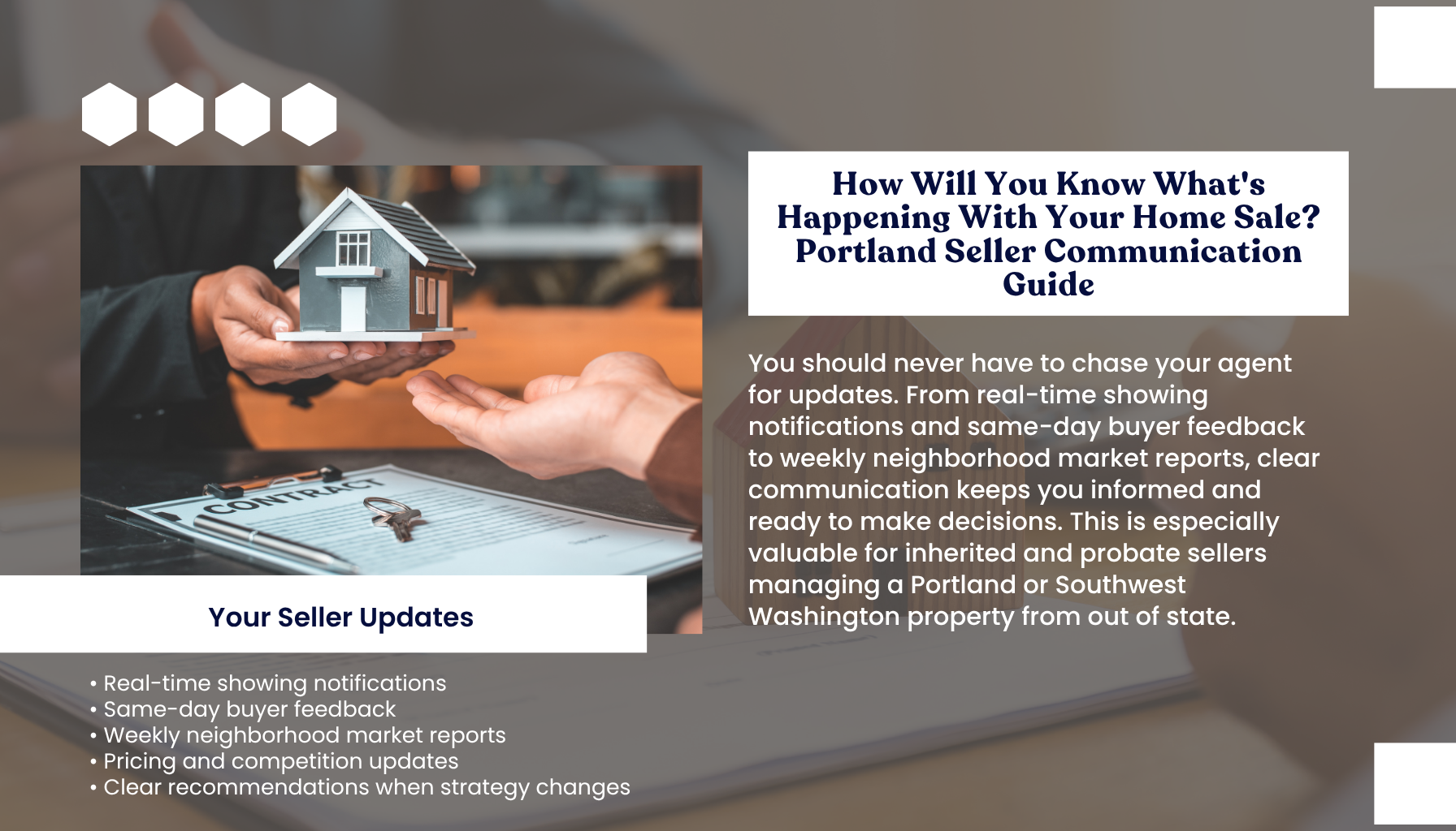 "Portland Oregon home seller communication guide explaining real-time showing notifications, same-day buyer feedback, weekly market reports, pricing updates, and ongoing communication throughout the home selling process."