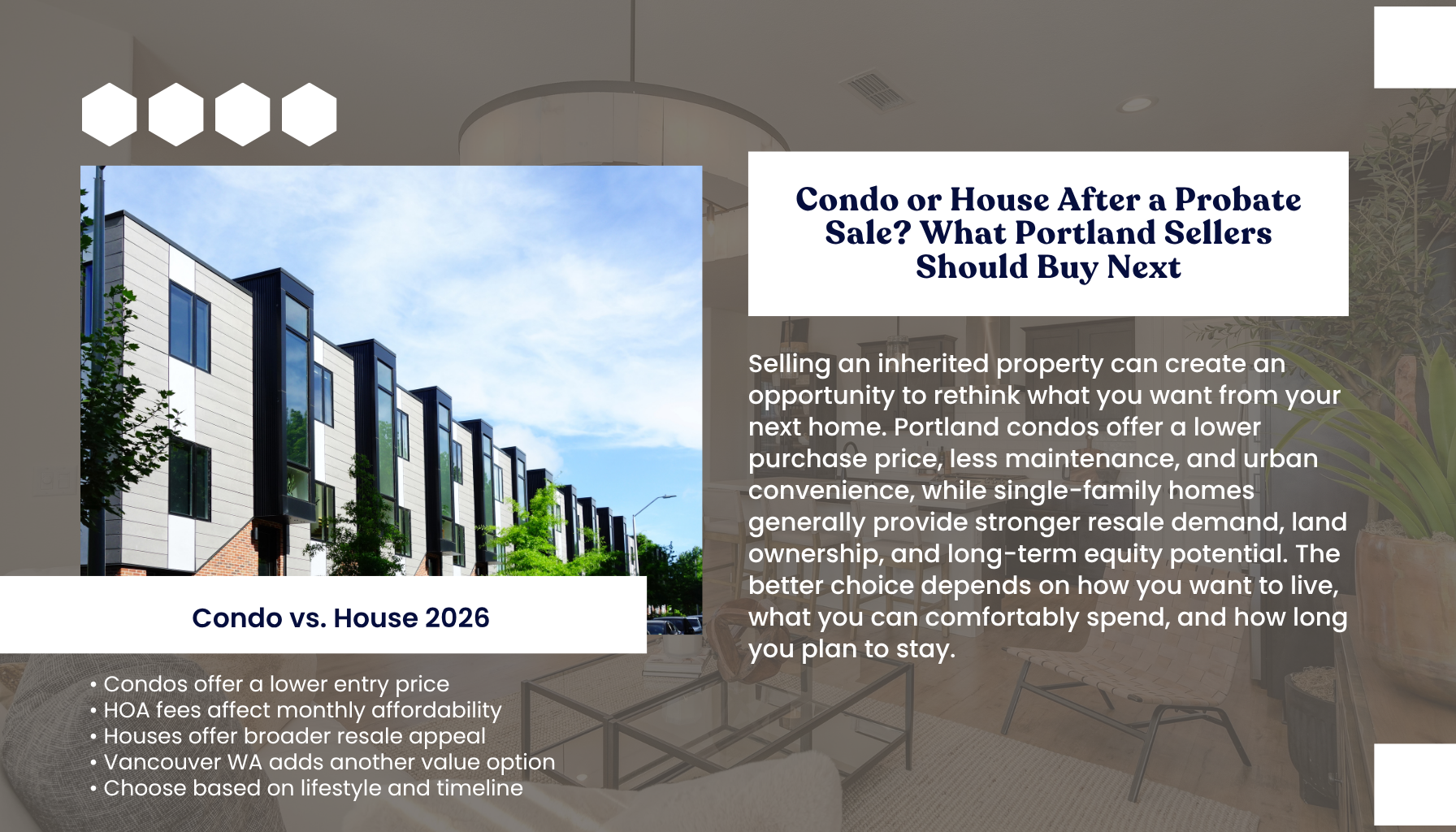 "Portland Oregon real estate graphic comparing condos and single-family houses after selling an inherited or probate property, highlighting affordability, HOA costs, resale potential, lifestyle, and long-term homeownership considerations."