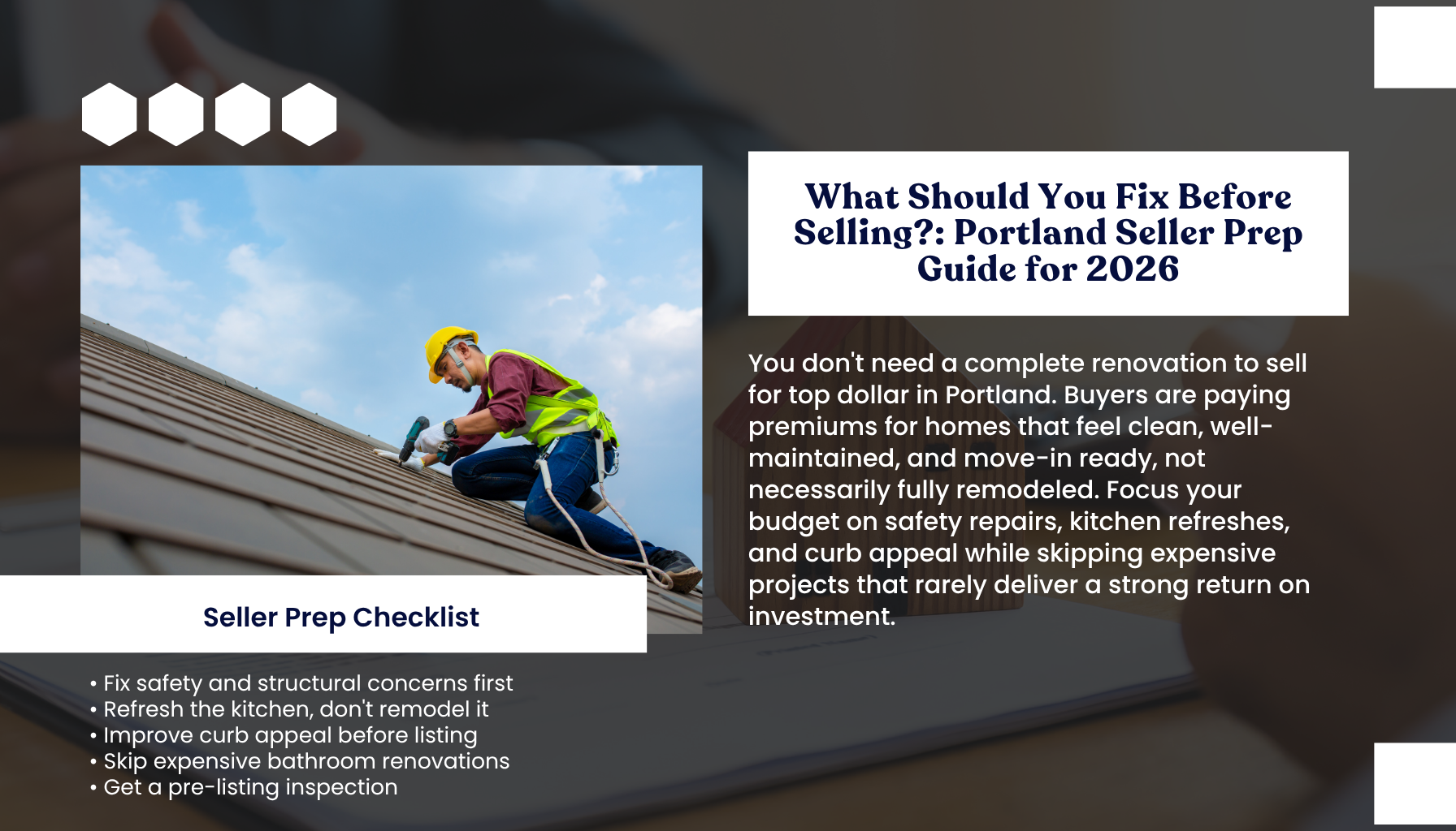 "Portland Oregon seller preparation guide infographic explaining what homeowners should repair before listing a home in 2026, including safety repairs, curb appeal improvements, kitchen updates, and pre-listing inspection tips."