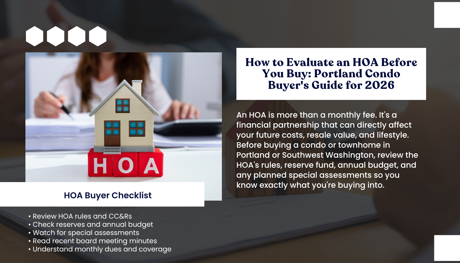 "Portland Oregon condo buyer guide infographic explaining how to evaluate an HOA before buying in 2026, including HOA rules, reserve funds, monthly dues, special assessments, and financial documents."