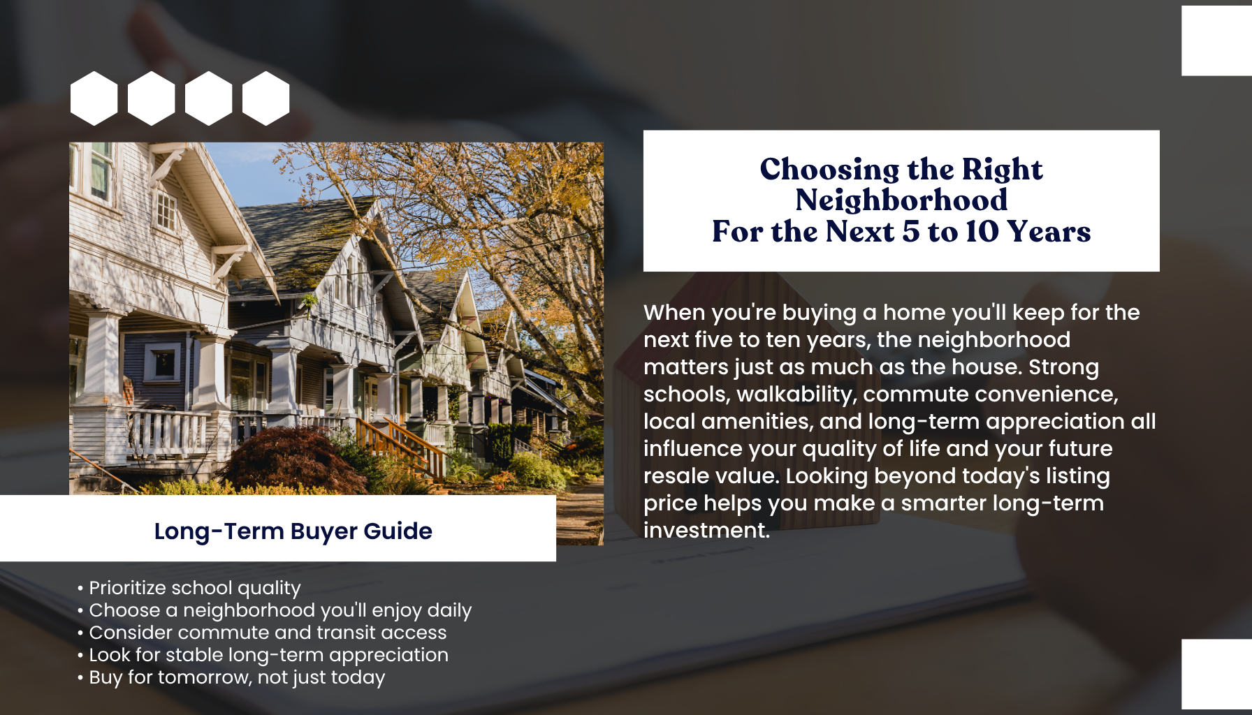 "Long-term home buying guide infographic explaining how to choose the right Portland Oregon neighborhood for the next 5 to 10 years, focusing on schools, walkability, commute, amenities, and long-term home value."
