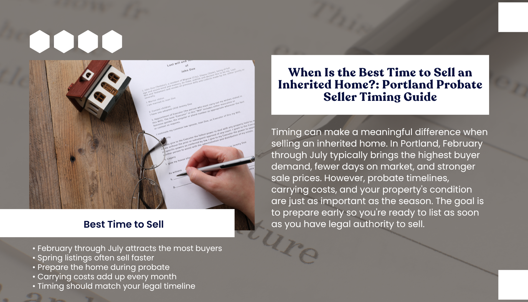 "Portland Oregon probate seller timing guide explaining when to sell an inherited home, covering the best listing season, probate timelines, carrying costs, legal readiness, and strategies to maximize buyer demand and sale price."