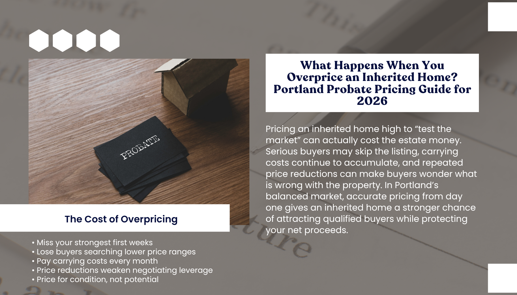 "Portland Oregon probate pricing guide explaining the risks of overpricing an inherited home, including fewer buyer showings, longer market time, carrying costs, price reductions, and reduced negotiating leverage."