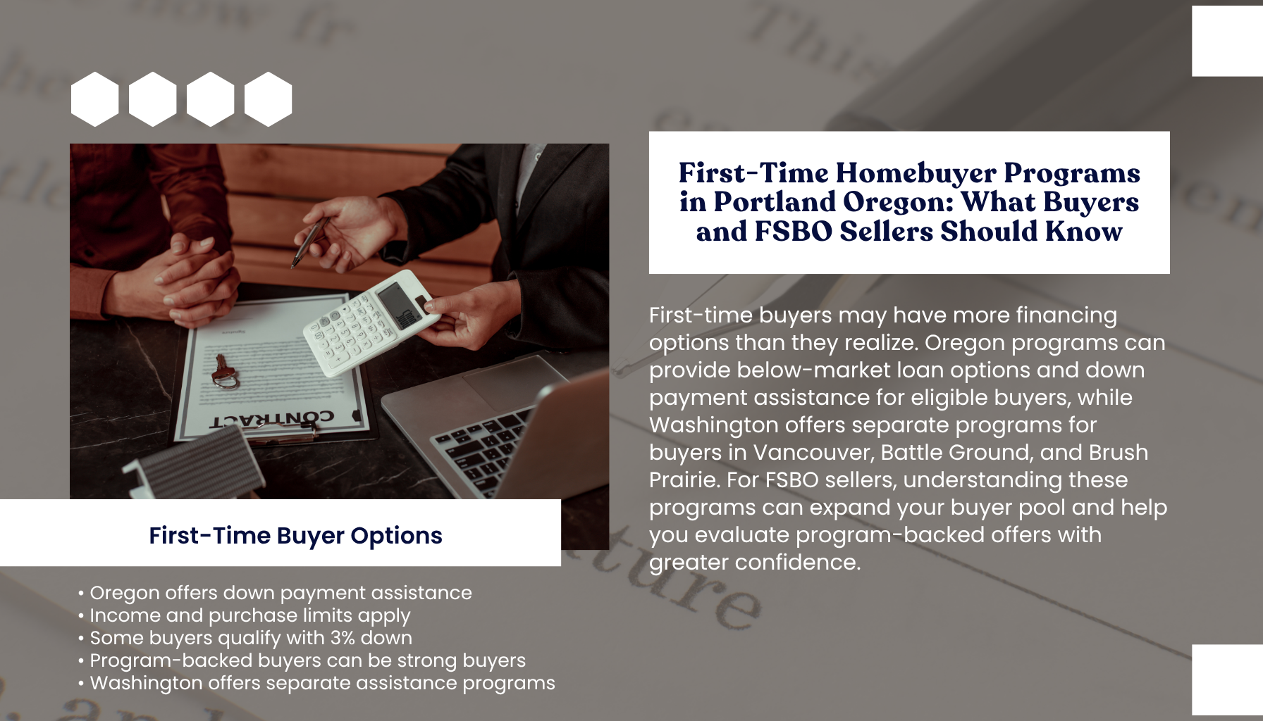 "First-time homebuyer programs in Portland Oregon explaining down payment assistance, low down payment options, eligibility requirements, and financing considerations for buyers and FSBO home sellers."