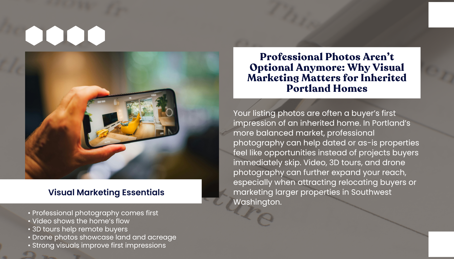 "Professional real estate photography for an inherited home in Portland Oregon, highlighting visual marketing strategies for probate sellers including listing photos, video, 3D tours, and drone photography."