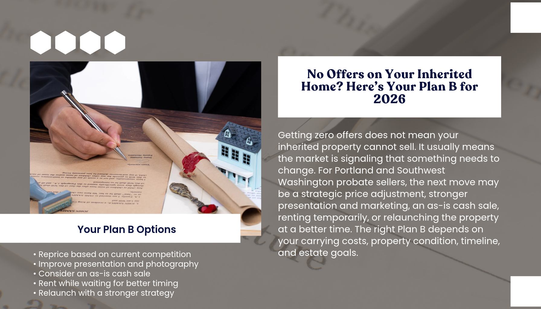 "Portland Oregon and Southwest Washington inherited property selling guide covering what probate sellers can do when a home receives no offers, from strategic price changes to stronger real estate marketing."