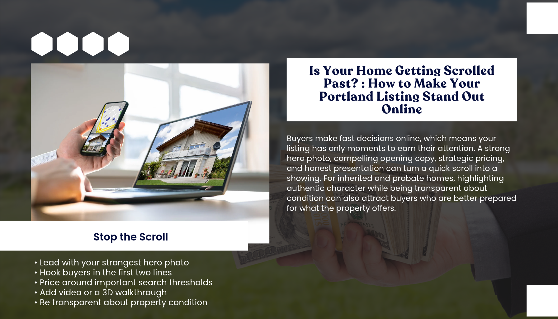 "Portland Oregon home seller marketing strategy for improving online listing visibility with professional photography, search-friendly pricing, video walkthroughs, 3D tours, and honest home presentation."