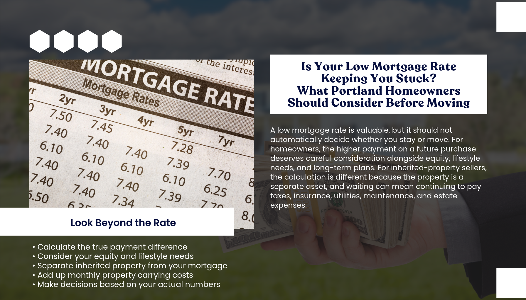 “Portland Oregon real estate guide for homeowners deciding whether to move despite a low mortgage rate, with considerations for equity, monthly payments, inherited property, and carrying costs.”