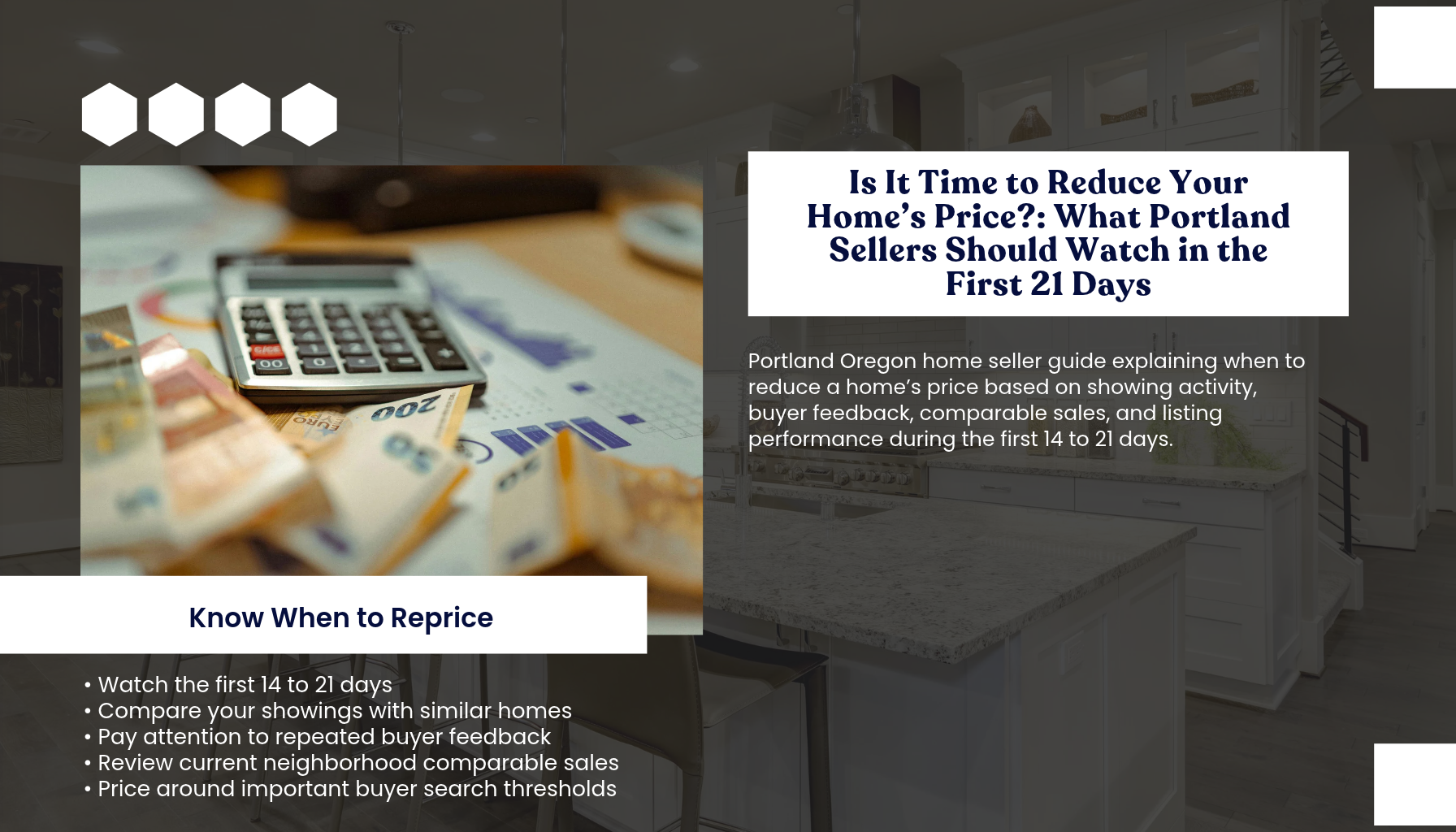 “Portland Oregon real estate pricing guide for homeowners deciding whether to reduce their listing price after 14 to 21 days based on local buyer activity and comparable home sales.”