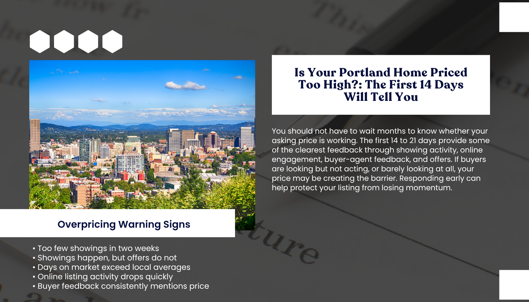 "Portland Oregon real estate pricing strategy for home sellers evaluating showing activity, buyer feedback, offers, and local days on market to identify an overpriced listing early."