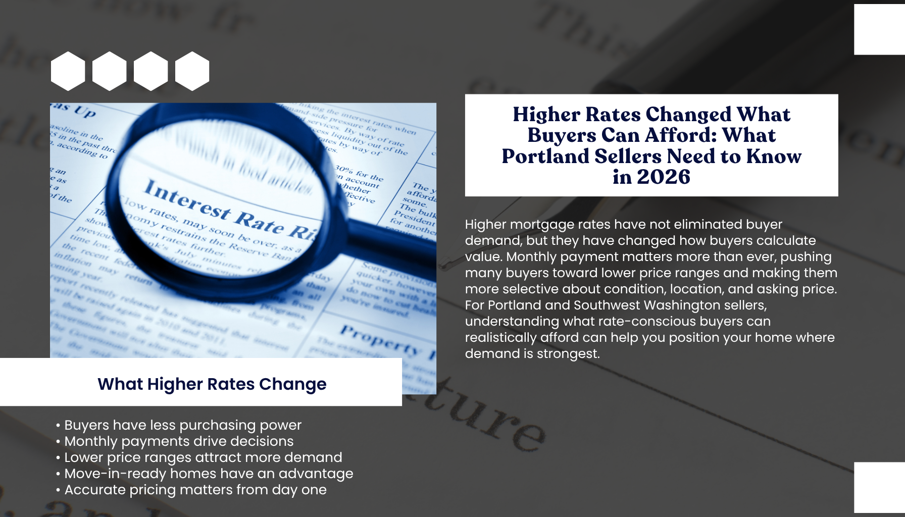 "Portland Oregon and Southwest Washington real estate guide for sellers explaining how higher mortgage rates affect buyer affordability, home prices, purchasing power, and local housing demand."