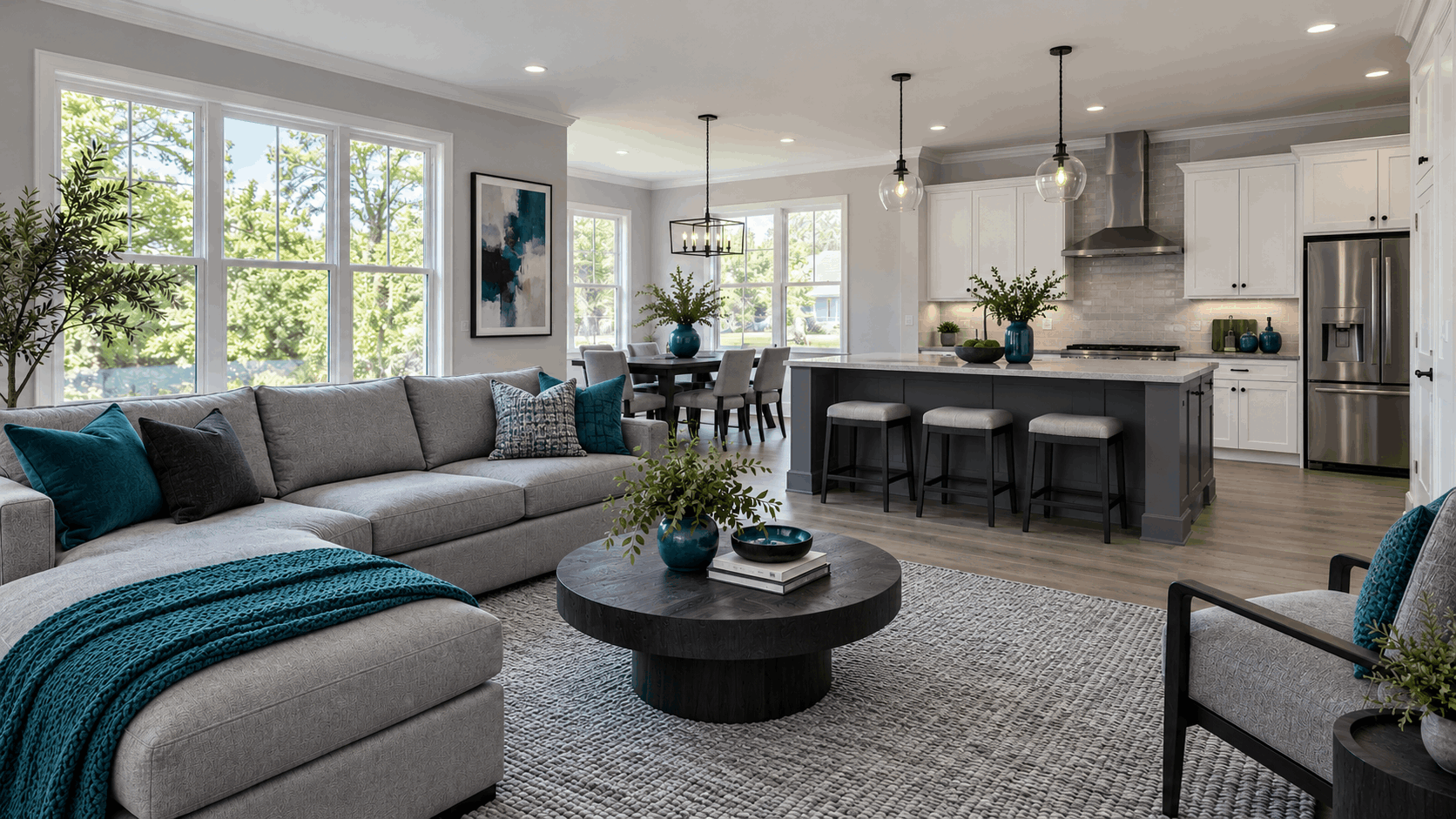 Open-concept living room, dining area, and kitchen with a large island in a White Plains, MD home