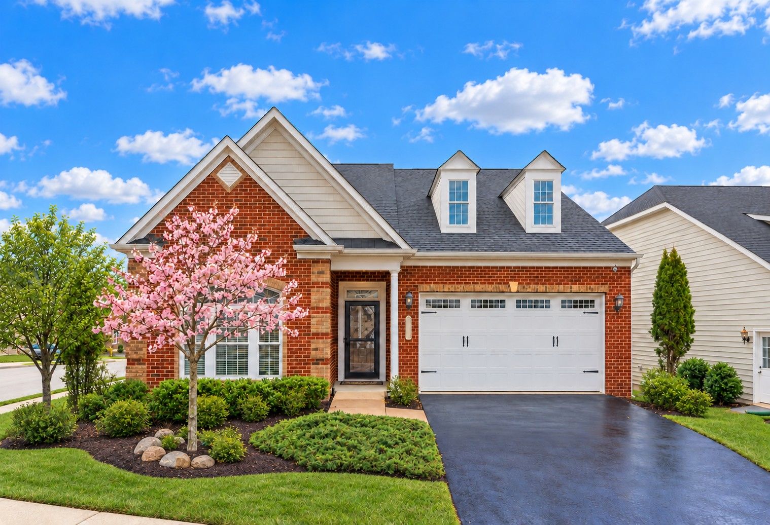 Brick corner rambler with an attached two-car garage in Walden Woods, a 55+ community in North Laurel, Howard County MD