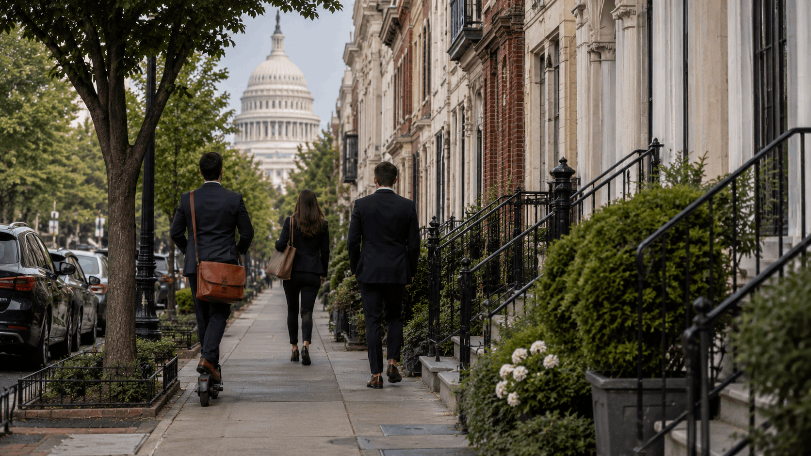 Washington DC commuters walking along a Capitol Hill sidewalk