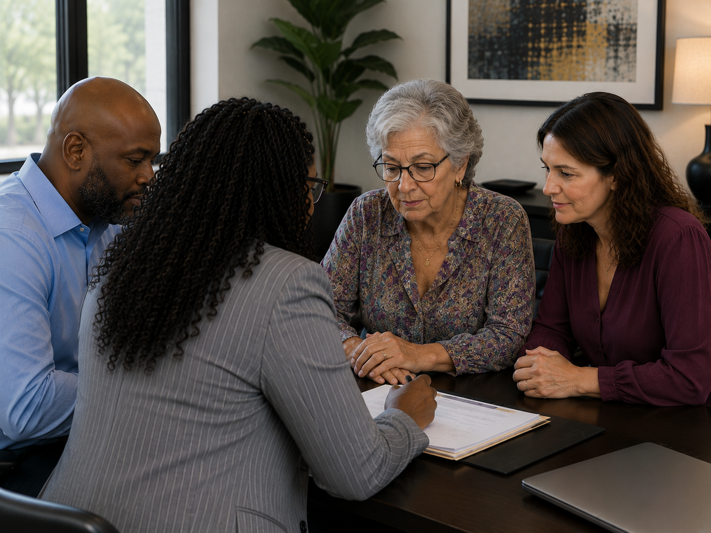 Kelly and Keith Jackson consulting with a senior and her daughter