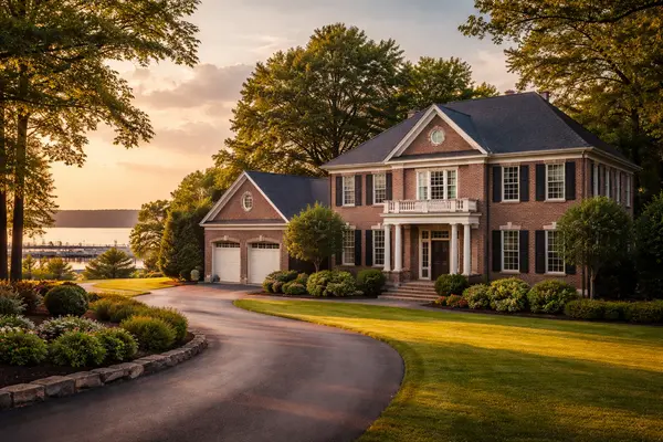 Brick single family home in Fort Washington MD with landscaped yard and driveway and a water view