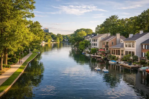 View of lakeside homes in Reston, VA