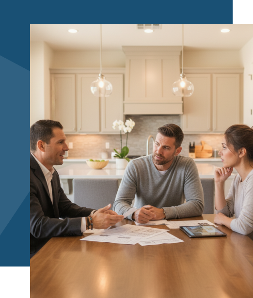 Landscape photo: a desert town with red rock mountains in the background, residential area and trees in foreground, vertical orientation showing sky and terrain.