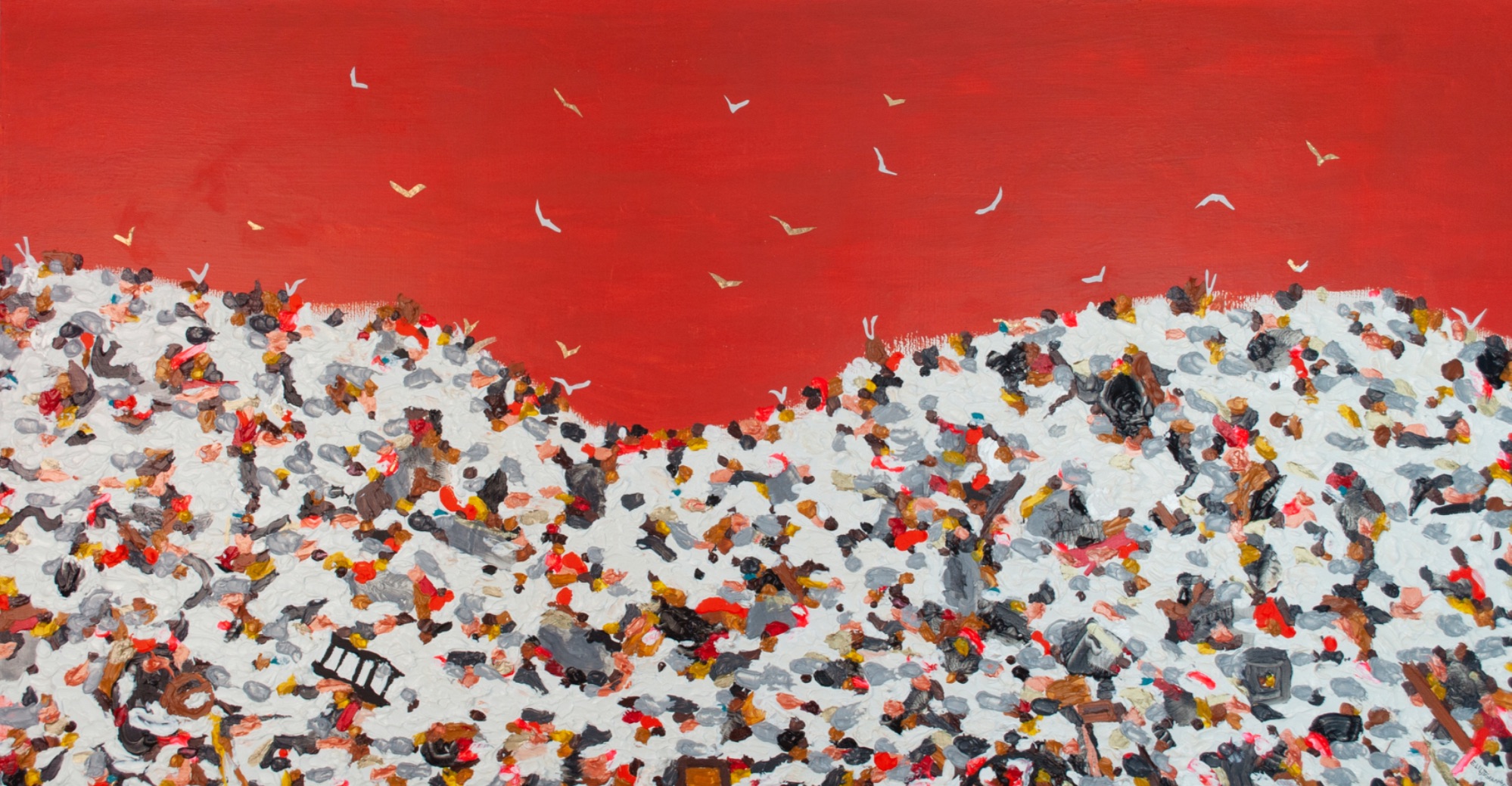 Textured painting of a landfill under a bright red sky with birds flying overhead.