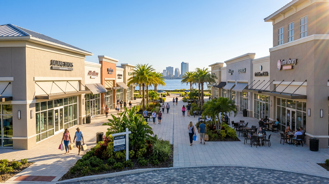 Outdoor shopping plaza in North Florida near Jacksonville with palm trees, modern storefronts, and shoppers on a sunny afternoon.