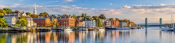 Golden-Hour New England Harbor Panorama