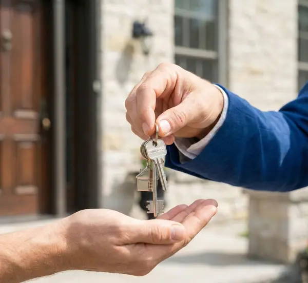 Thomas Barcier handing over keys to new home