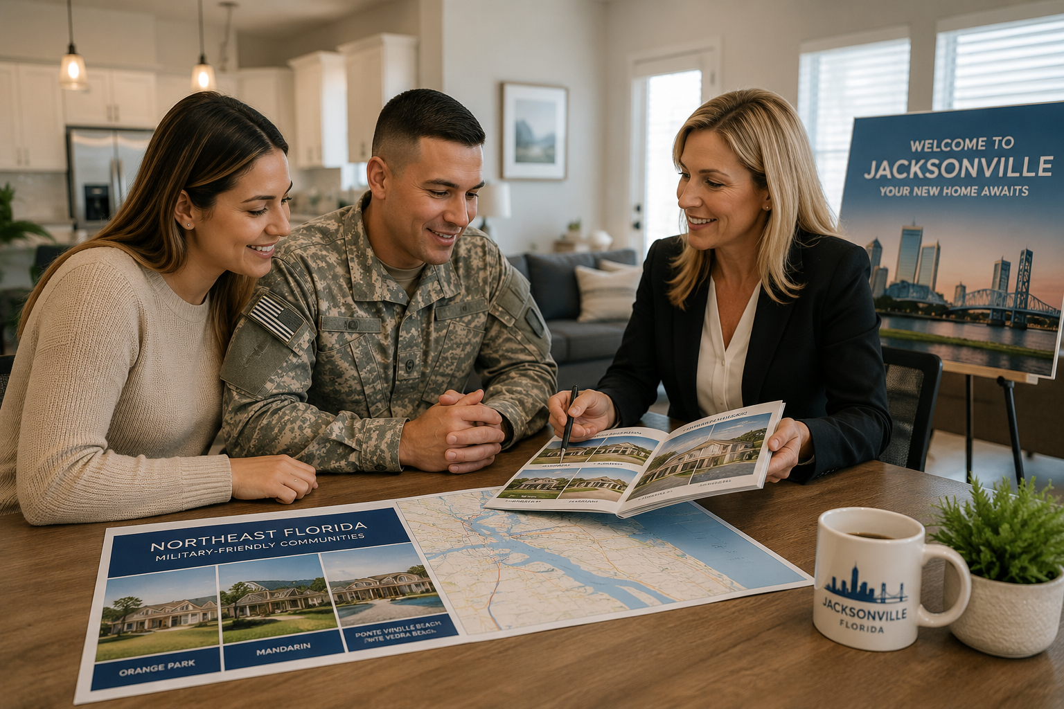 Military family meeting with a real estate professional to discuss relocation and housing opportunities in Jacksonville, Florida.