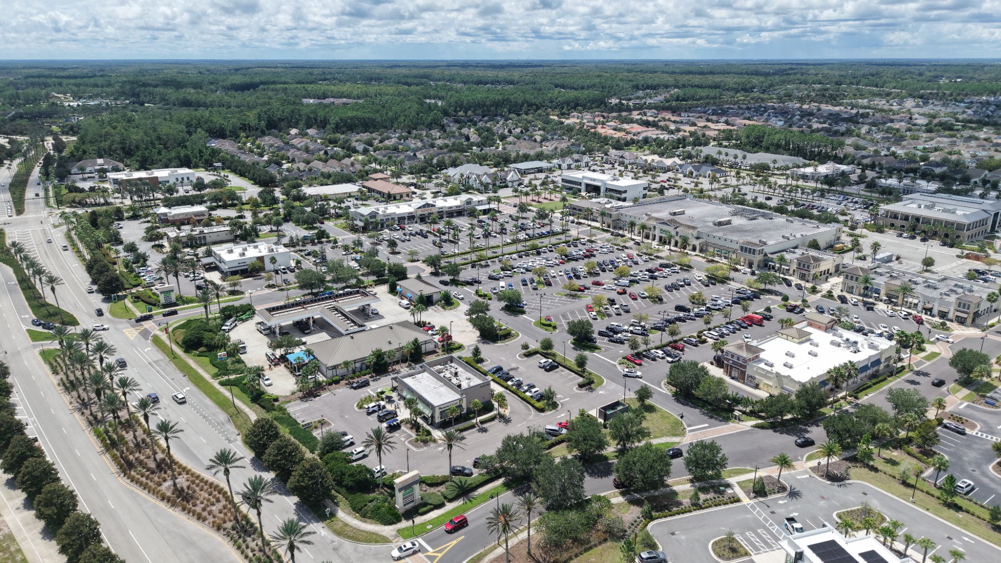 Aerial view of neighborhoods, green space and community development in Nocatee, Florida.
