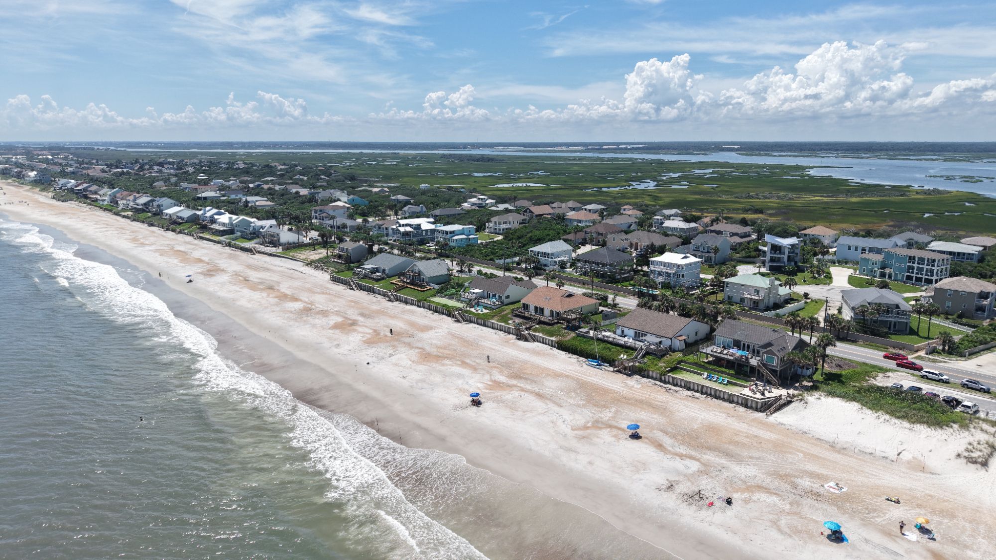 Aerial view of Ponte Vedra Beach, Florida, showing Atlantic Ocean beachfront homes and coastal marshes.