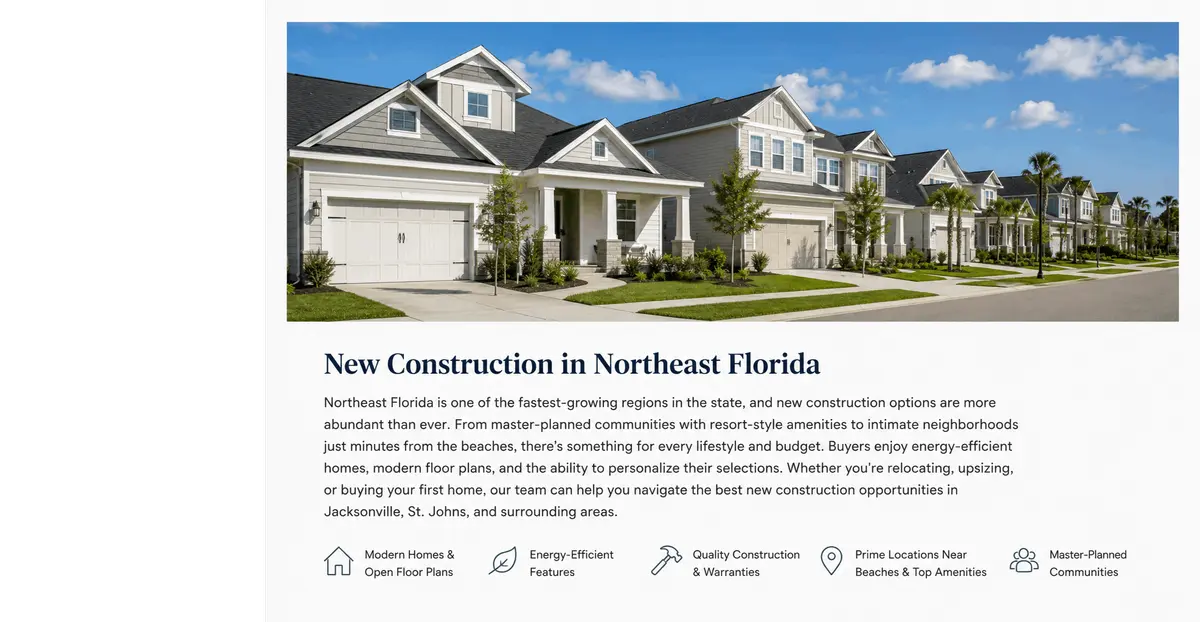 New construction homes in a Northeast Florida master-planned community featuring modern residences, landscaped streets, and contemporary neighborhood design.