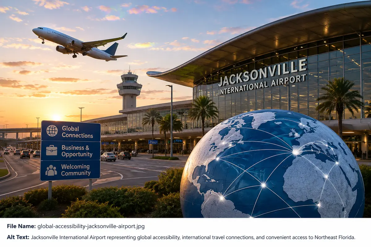 Jacksonville International Airport highlighting global accessibility, international travel connections, and convenient access to Northeast Florida communities.