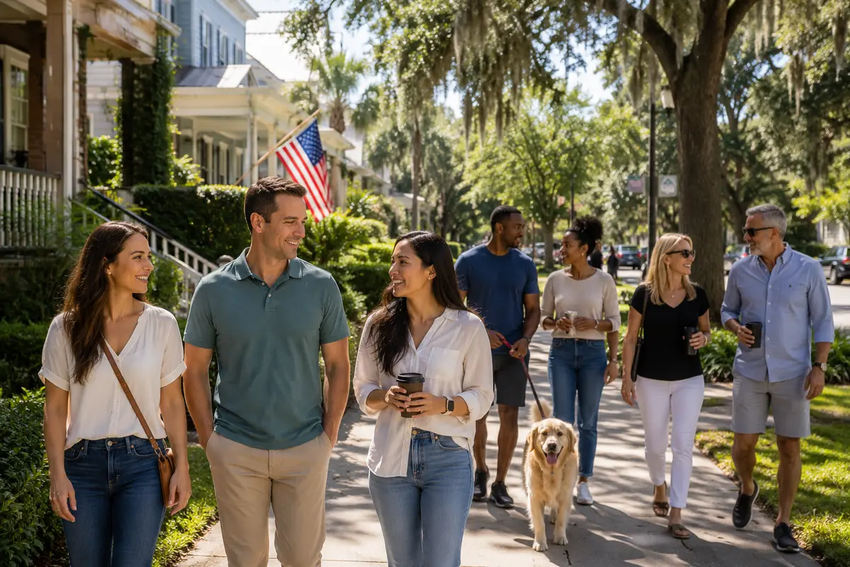 Residents enjoying a walk through a welcoming Northeast Florida neighborhood, highlighting community connections, outdoor living, and Jacksonville's diverse lifestyle.