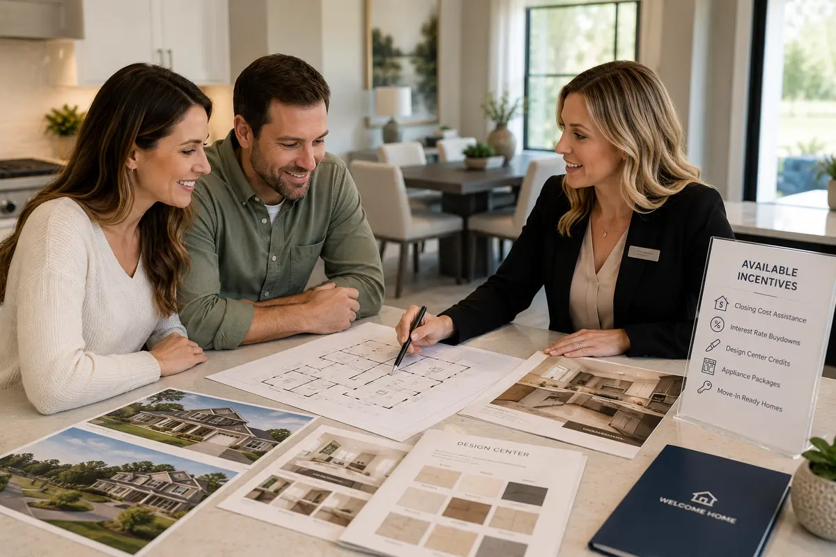 Homebuyers reviewing builder incentives and financing options for new construction homes in Northeast Florida.