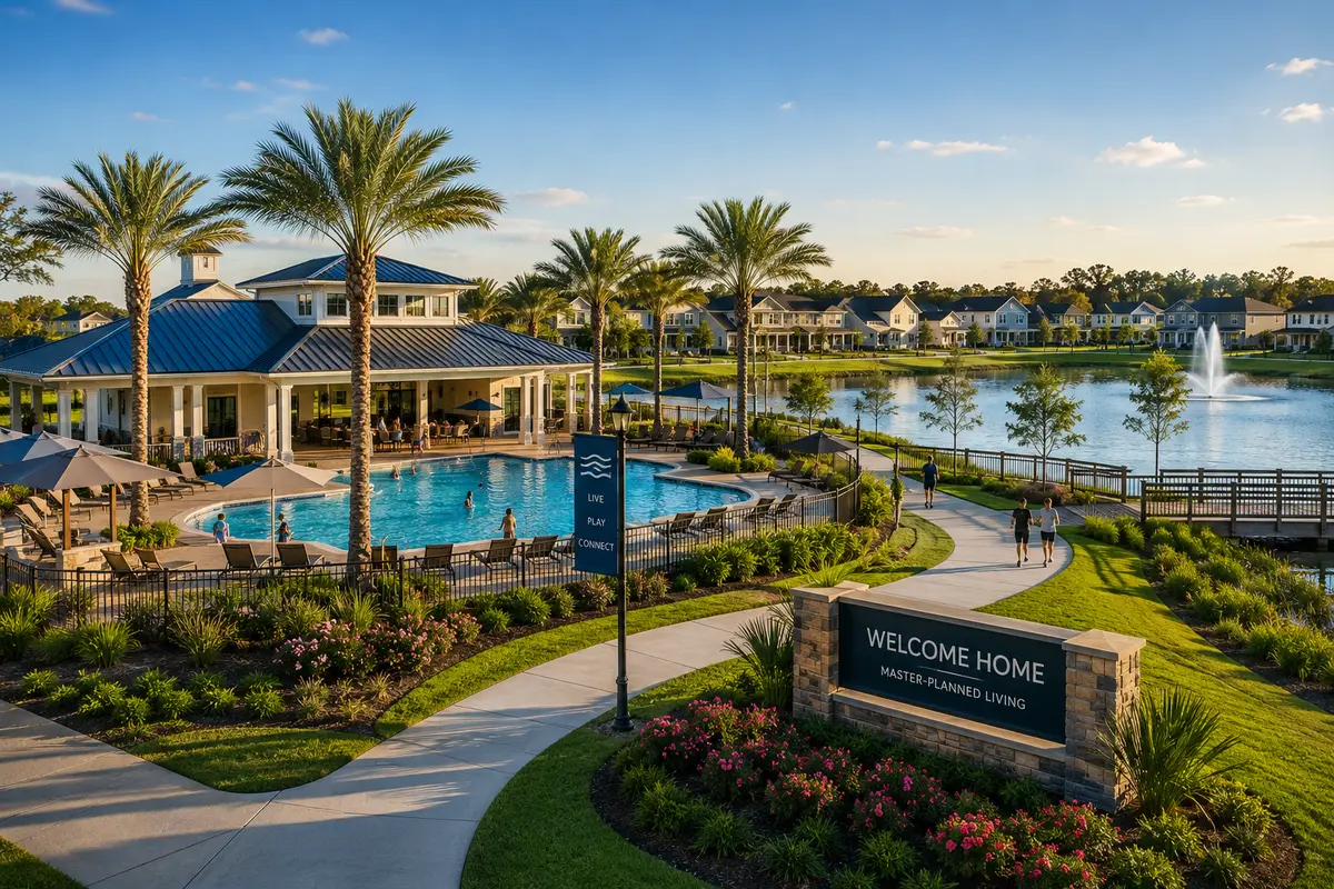 Master-planned community in Northeast Florida featuring resort-style amenities, walking trails, community gathering spaces, waterfront views, and modern homes.
