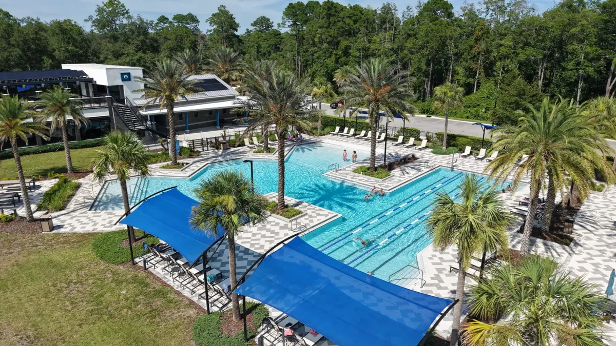 Aerial view of the community pool and gathering spaces in eTown, Jacksonville.