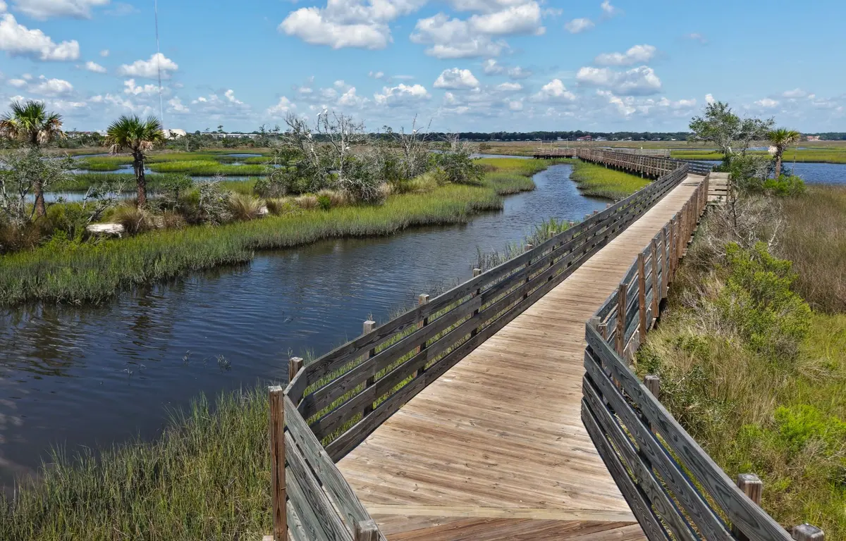 Wooden boardwalk winding through a coastal marsh preserve in Atlantic Beach, Florida.