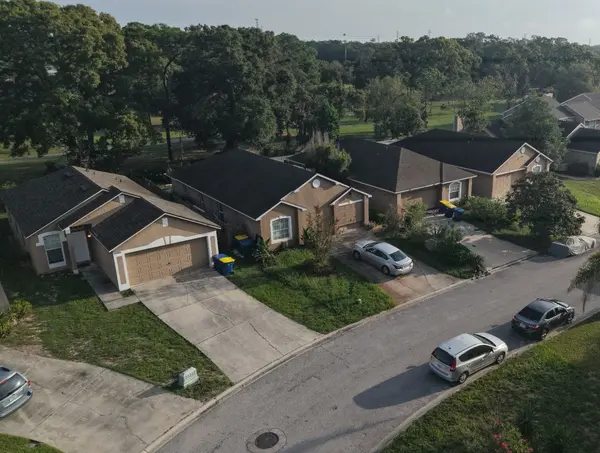 Aerial view of homes with attached garages, lawns and mature trees along a residential street.
