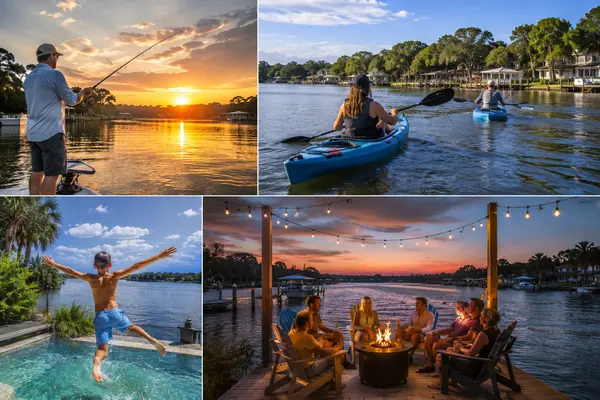 Collage showcasing the Mandarin lifestyle in Jacksonville, Florida, featuring fishing, kayaking, swimming, and friends gathering on a dock along the scenic St. Johns River at sunset.