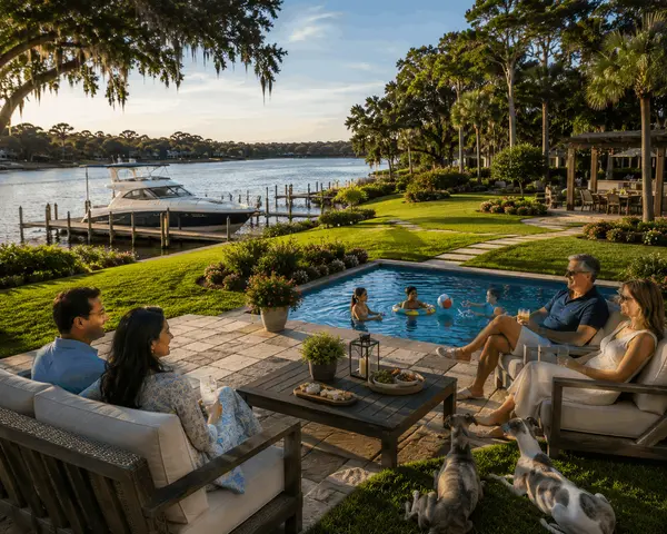 Families relaxing on a spacious waterfront patio while children swim in a backyard pool overlooking the St. Johns River in Mandarin, Jacksonville, with a private dock, motorboat, and two whippets enjoying the landscaped yard.