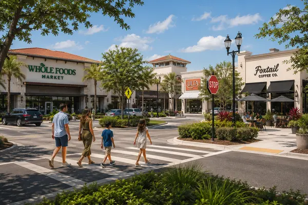 Family walking through a landscaped shopping and dining center in Mandarin, Jacksonville, Florida, with grocery, coffee, retail, and restaurant options close to home.