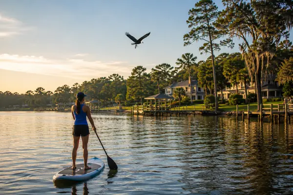 Paddleboarder enjoying the St. Johns River in Mandarin, Jacksonville, with a bald eagle flying overhead, showcasing the community's outdoor recreation, wildlife, and scenic riverfront lifestyle.