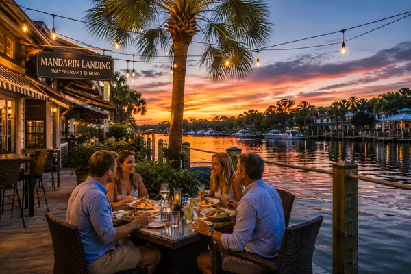 Outdoor waterfront dining along the St. Johns River in Mandarin, Jacksonville, featuring sunset views, local restaurants, and the community's relaxed river lifestyle.