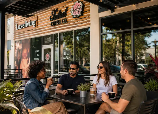 Friends enjoying coffee on an outdoor café patio in Mandarin, Jacksonville, Florida, highlighting the community's welcoming atmosphere, local businesses, and everyday lifestyle.