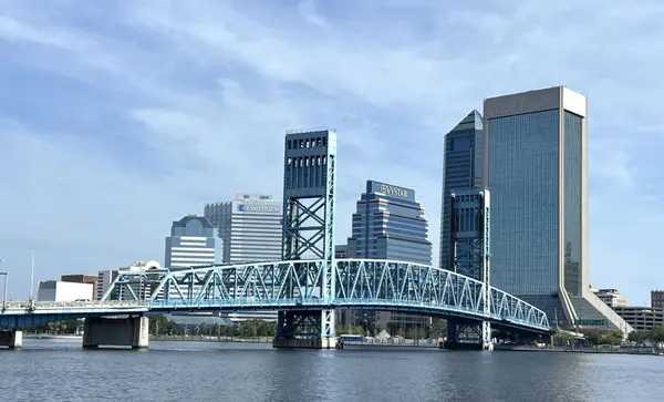 Downtown Jacksonville skyline viewed from San Marco, showcasing the neighborhood's close proximity to the city's business, entertainment, and cultural district.