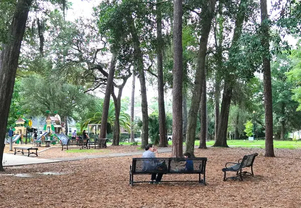 Shaded neighborhood park with mature trees, benches and a playground in Avondale, Jacksonville, Florida.
