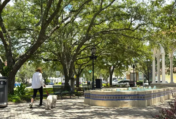 Pedestrian walking a dog beneath mature live oaks beside the fountain at Balis Park in San Marco Square, Jacksonville.
