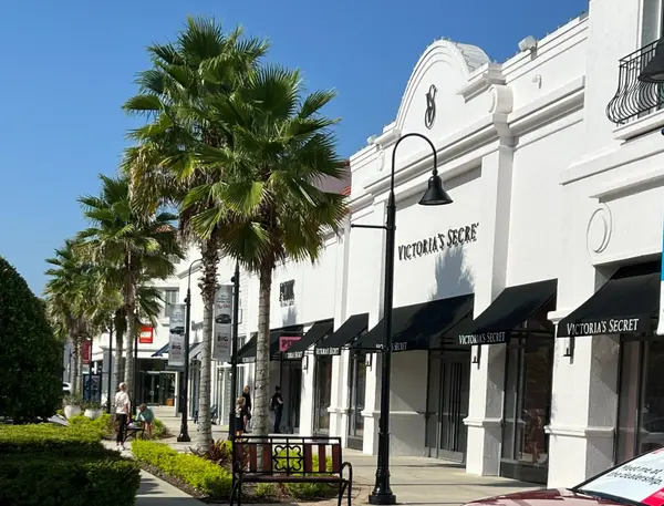 Palm-lined shopping area at St. Johns Town Center near Seven Pines in Jacksonville, Florida.