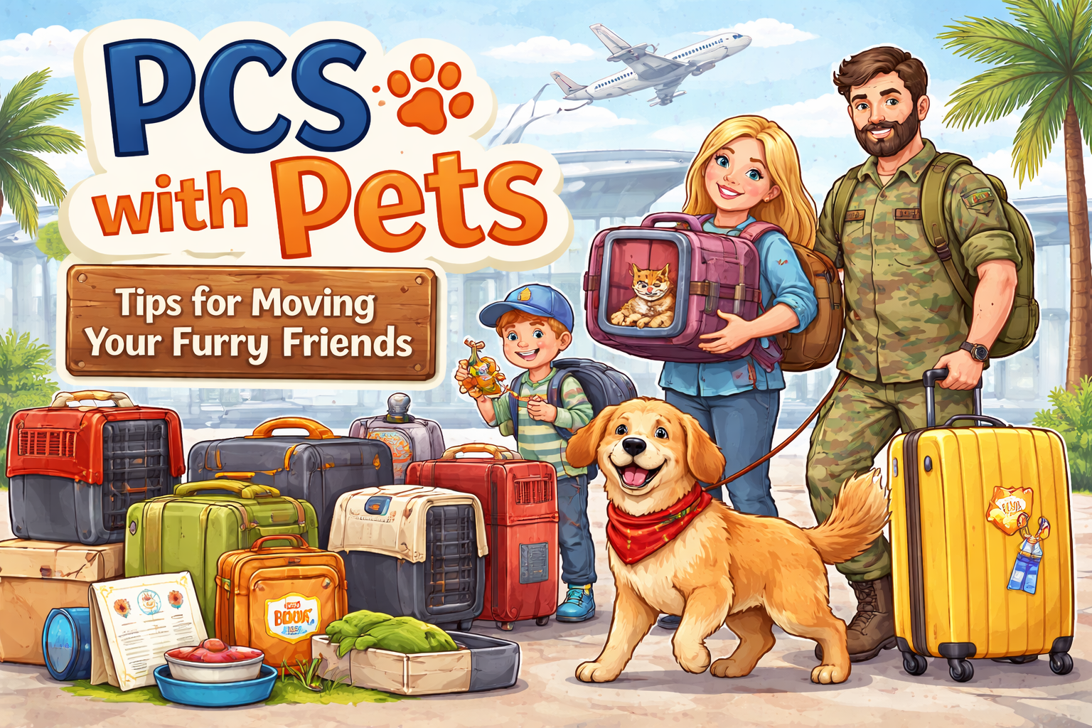 Military family preparing for a PCS move with kids, dog, cat carrier, luggage, and pet travel crates at the airport.