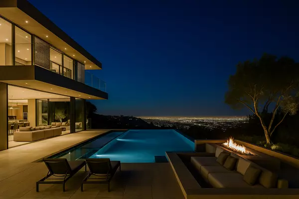 Twilight photo of a contemporary hillside luxury home with infinity pool and fire pit overlooking Los Angeles city lights, illustrating home seller services.