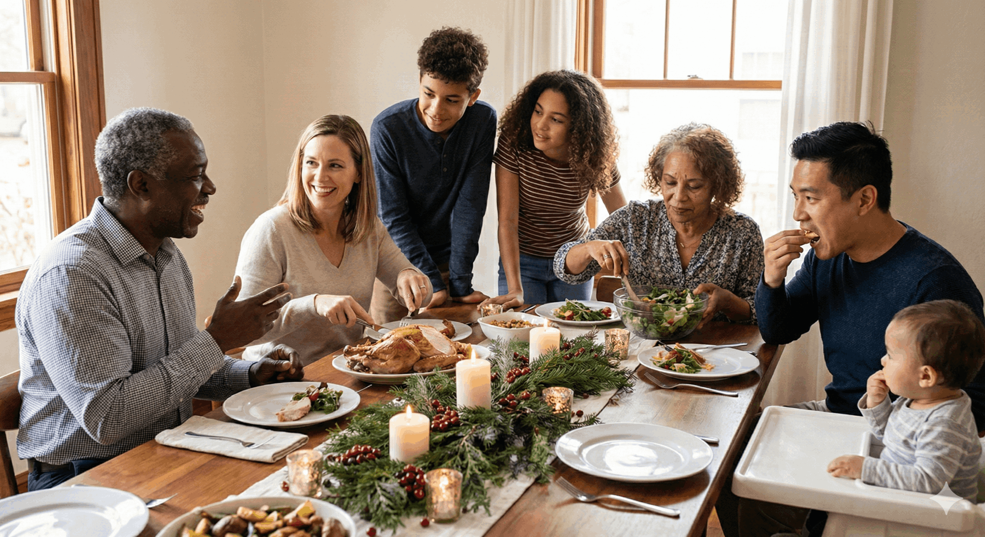 Family at dining table eating holiday meal